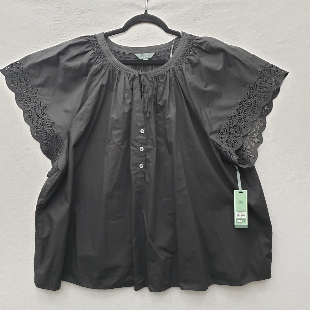 Terra & Sky Eyelet Lace Trim Button Up Black 100% Cotton Cottagecore Boho 4X NWT